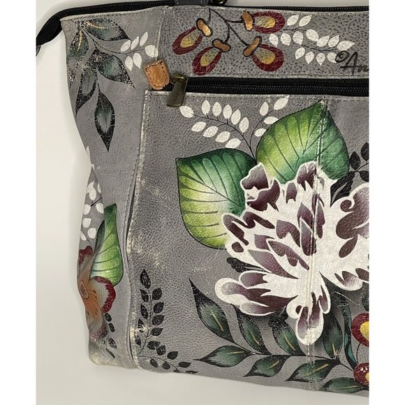 ANUSCHKA Handbag Garden of Eden Grey Floral Purse Tote Hand Painted Leather - Picture 6 of 14
